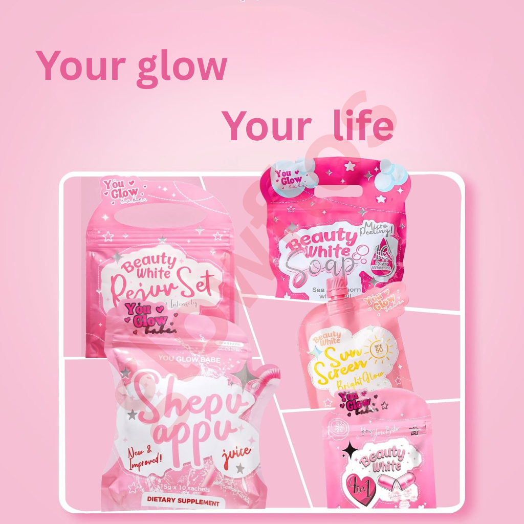 Authentic You Glow Babe All Products Combo Pack with Beauty White Rejuvenating Set Capsules Soap and Sheppu Appu Slimming Juice for Premium Full Body Skin Whitening Acne Treatment Appetite Suppressant Weight Loss and Glass Skin