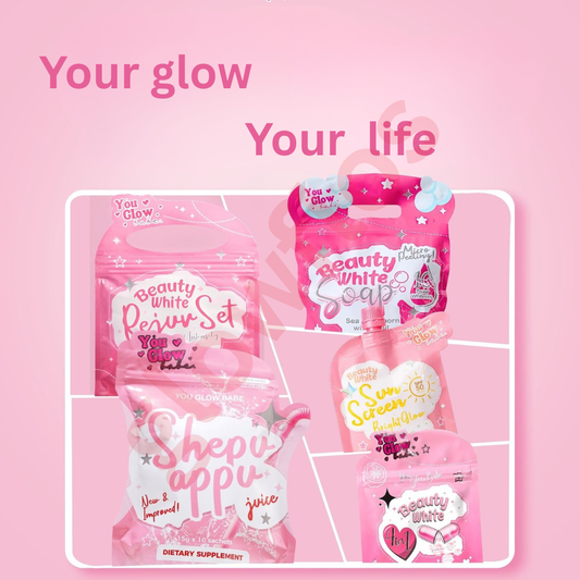 Authentic You Glow Babe All Products Combo Pack with Beauty White Rejuvenating Set Capsules Soap and Sheppu Appu Slimming Juice for Premium Full Body Skin Whitening Acne Treatment Appetite Suppressant Weight Loss and Glass Skin