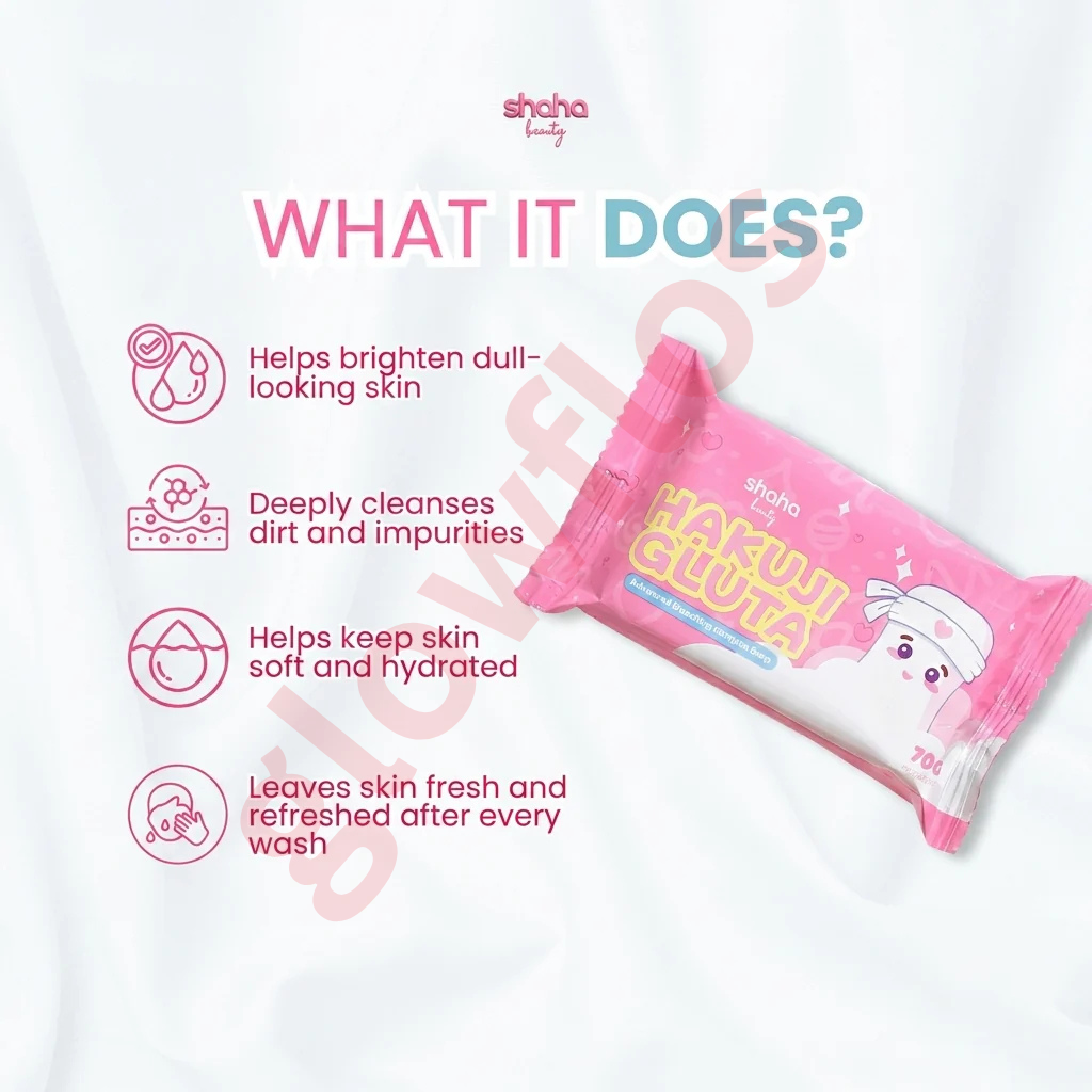 Hakuiji Gluta Advanced Bleaching Complex Soap pink packaging pouch and pink soap bar highlighting glow