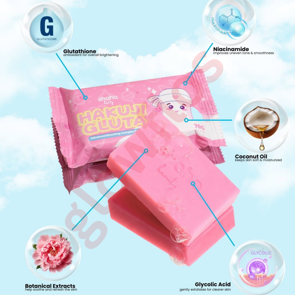 Hakuiji Gluta Advanced Bleaching Complex Soap pink packaging pouch and pink soap bar highlighting glow