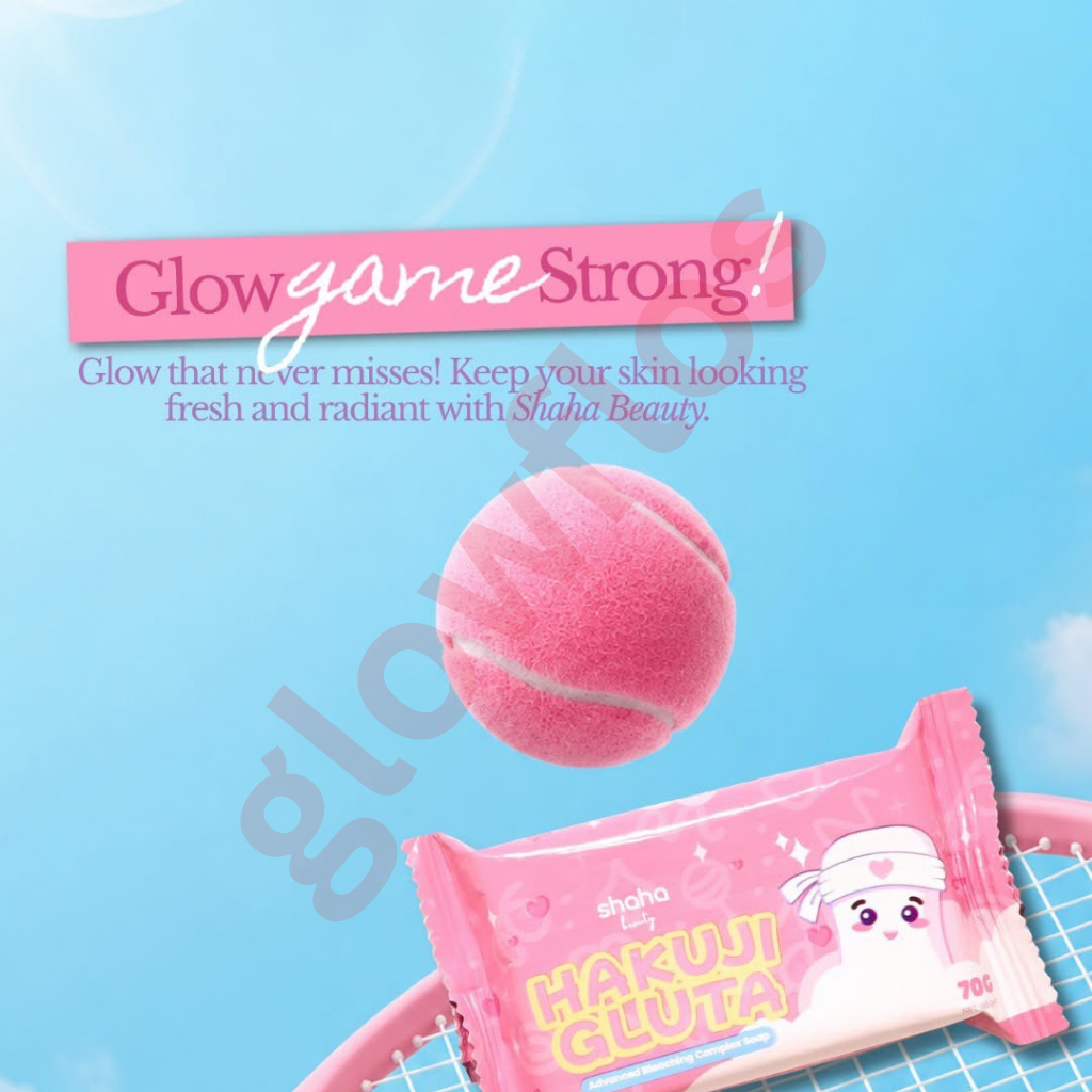 Hakuiji Gluta Advanced Bleaching Complex Soap pink packaging pouch and pink soap bar highlighting glow