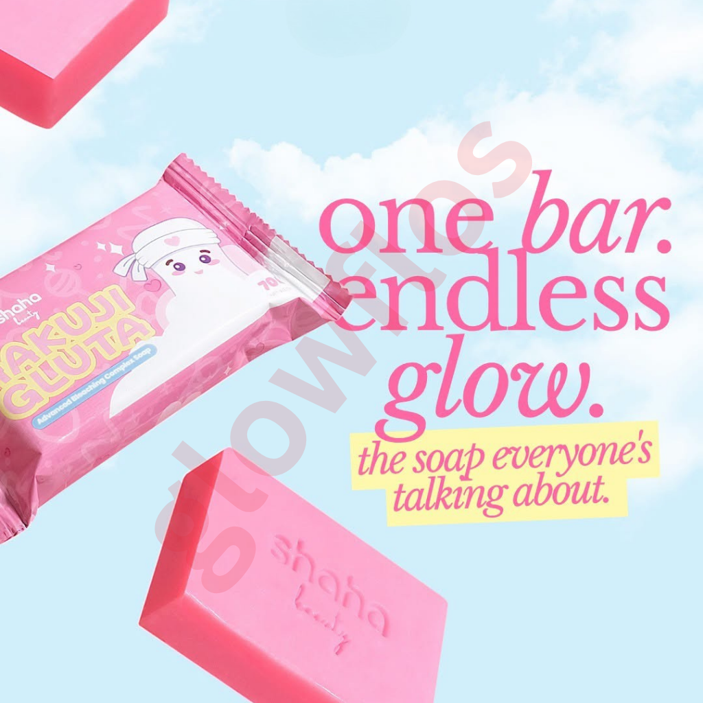 Hakuiji Gluta Advanced Bleaching Complex Soap pink packaging pouch and pink soap bar highlighting glow