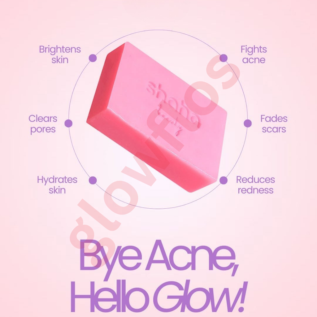 Hakuiji Gluta Advanced Bleaching Complex Soap pink packaging pouch and pink soap bar highlighting glow