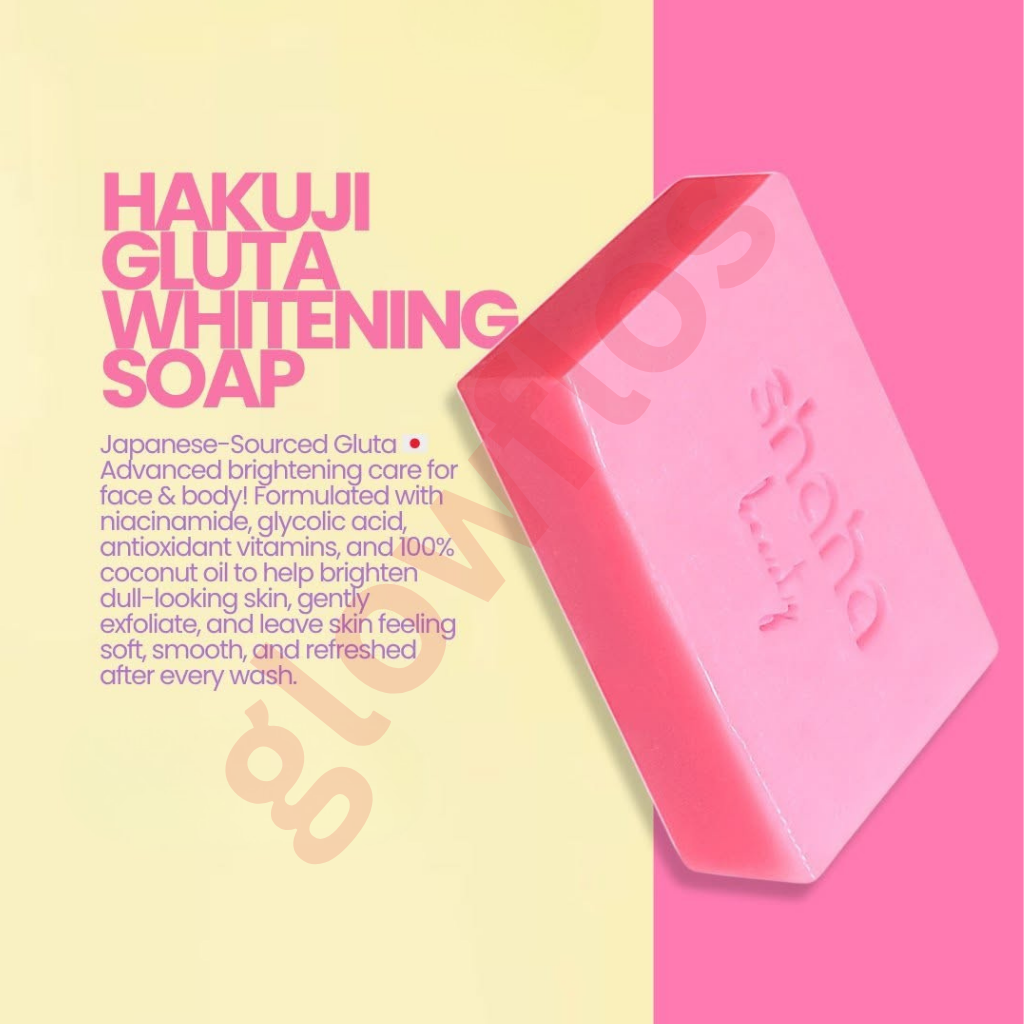Hakuiji Gluta Advanced Bleaching Complex Soap pink packaging pouch and pink soap bar highlighting glow