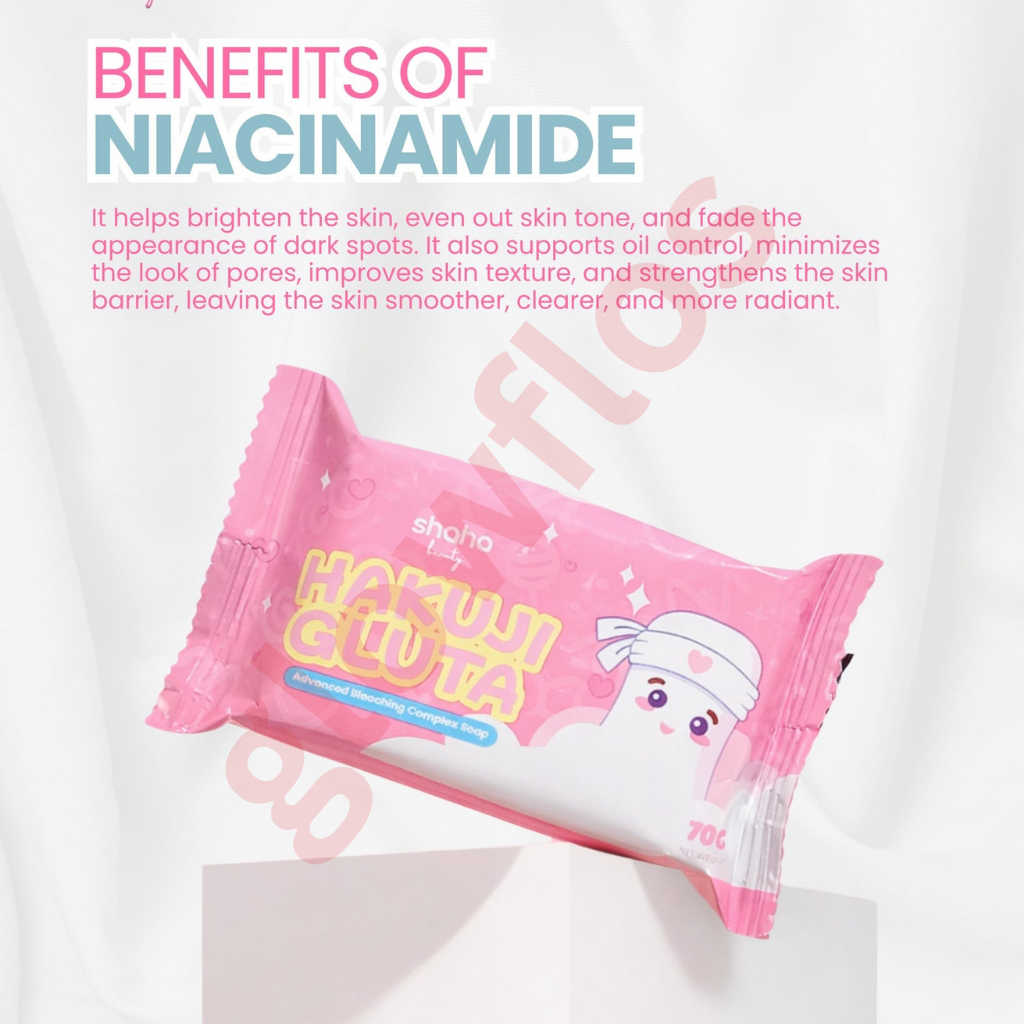 Hakuiji Gluta Advanced Bleaching Complex Soap pink packaging pouch and pink soap bar highlighting glow