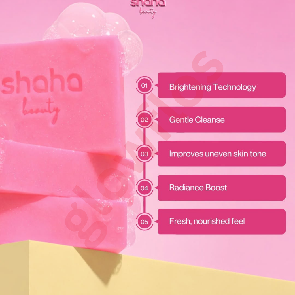 Hakuiji Gluta Advanced Bleaching Complex Soap pink packaging pouch and pink soap bar highlighting glow
