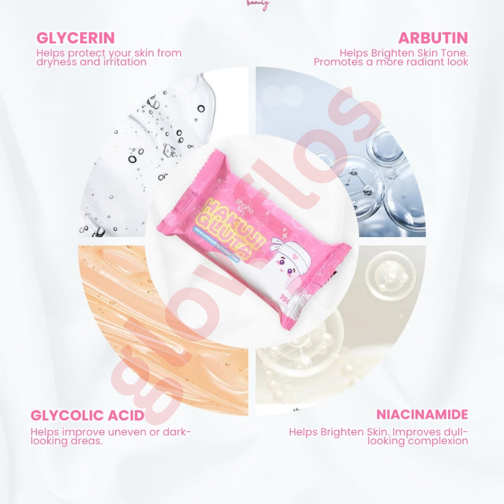 Hakuiji Gluta Advanced Bleaching Complex Soap pink packaging pouch and pink soap bar highlighting glow