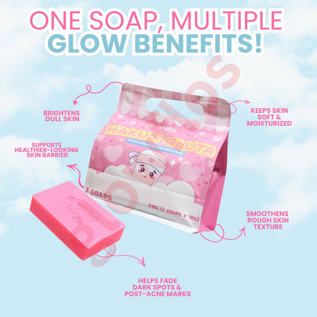 Hakuiji Gluta Advanced Bleaching Complex Soap pink packaging pouch and pink soap bar highlighting glow