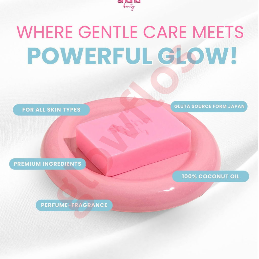 Hakuiji Gluta Advanced Bleaching Complex Soap pink packaging pouch and pink soap bar highlighting glow