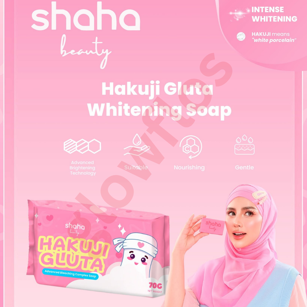 Hakuiji Gluta Advanced Bleaching Complex Soap pink packaging pouch and pink soap bar highlighting glow