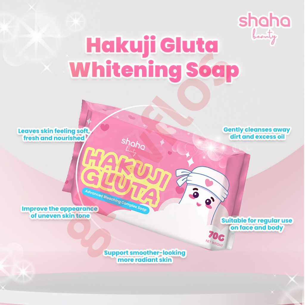 Hakuiji Gluta Advanced Bleaching Complex Soap pink packaging pouch and pink soap bar highlighting glow