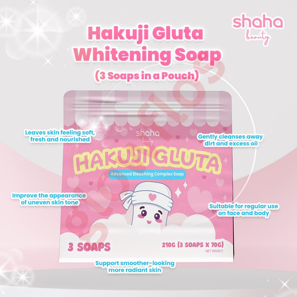 Hakuiji Gluta Advanced Bleaching Complex Soap pink packaging pouch and pink soap bar highlighting glow