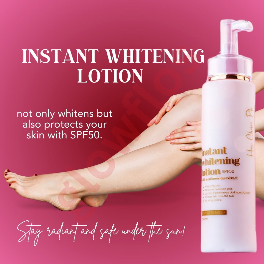 Her Choice PH instant whitening lotion texture being blended on skin showing immediate bright tone-up effect