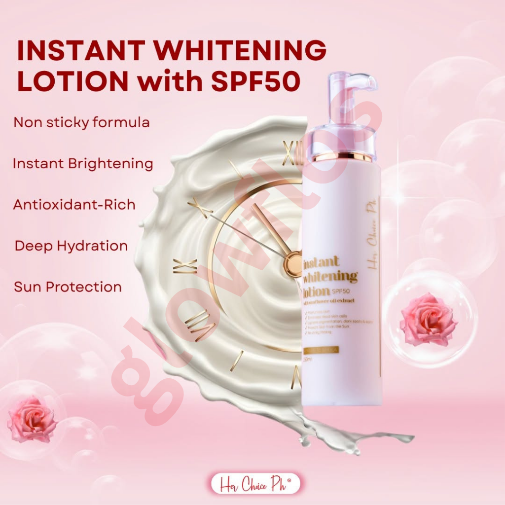 Her Choice PH instant whitening lotion texture being blended on skin showing immediate bright tone-up effect