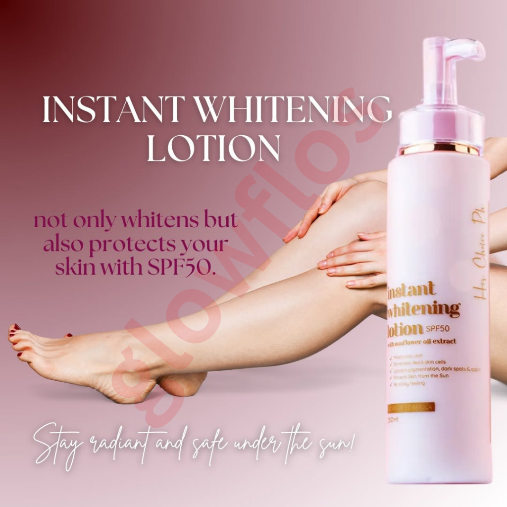 Her Choice PH instant whitening lotion texture being blended on skin showing immediate bright tone-up effect