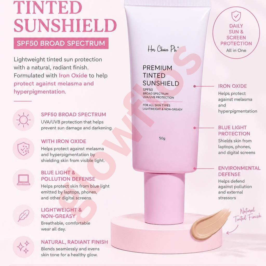 Her Choice Ph tinted sunshield fluid texture being dispensed onto skin showing sheer natural coverage