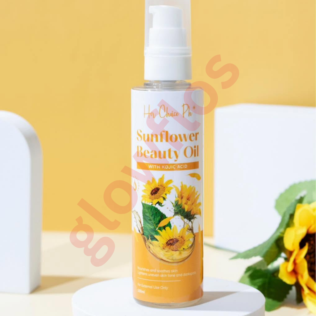 Her Choice Ph Sunflower Oil benefits list highlighting skin whitening stretch mark fading and hair smoothing