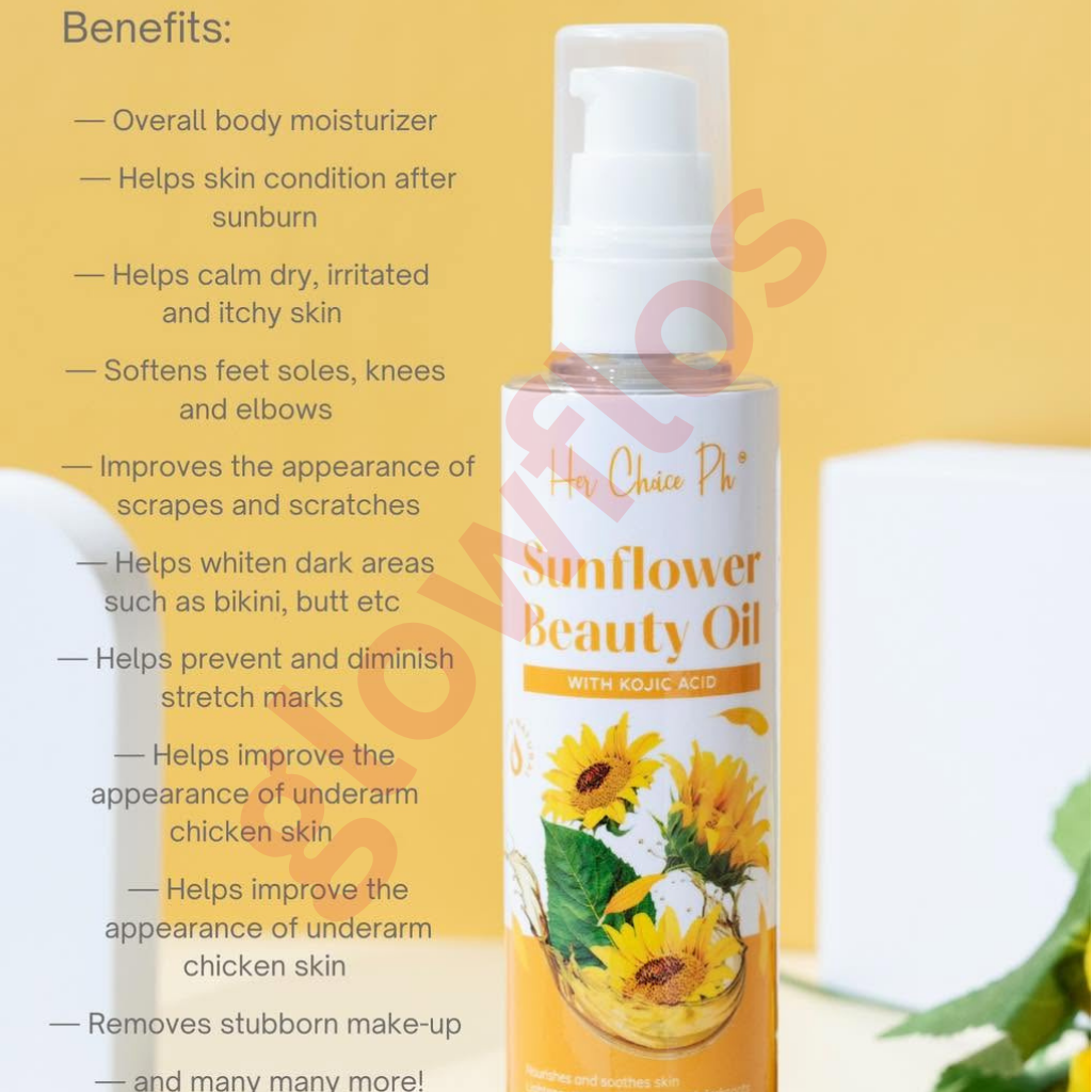 Her Choice Ph Sunflower Oil benefits list highlighting skin whitening stretch mark fading and hair smoothing
