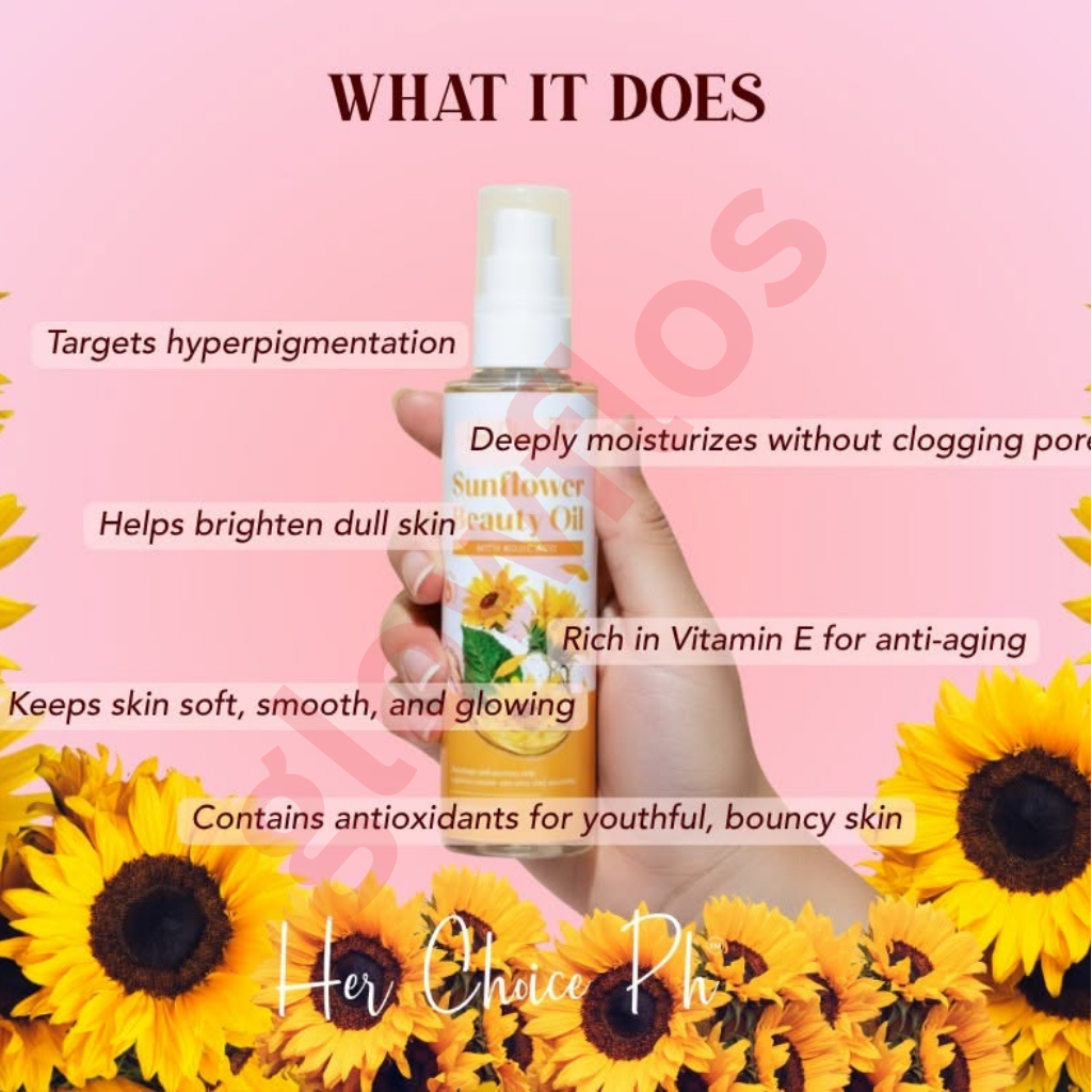 Her Choice Ph Sunflower Oil benefits list highlighting skin whitening stretch mark fading and hair smoothing