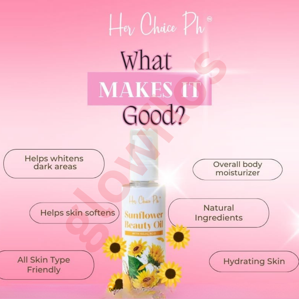 Her Choice Ph Sunflower Oil benefits list highlighting skin whitening stretch mark fading and hair smoothing