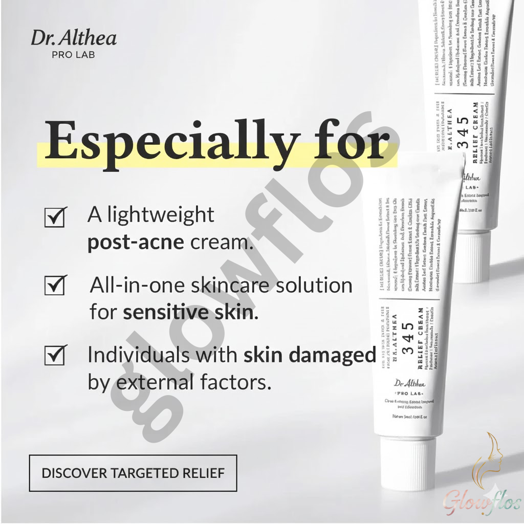 Dr. Althea 345 Relief Cream tube and packaging for sensitive, acne-prone skin. Best barrier repair Cica cream with Niacinamide