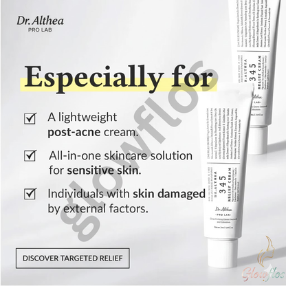 Dr. Althea 345 Relief Cream tube and packaging for sensitive, acne-prone skin. Best barrier repair Cica cream with Niacinamide