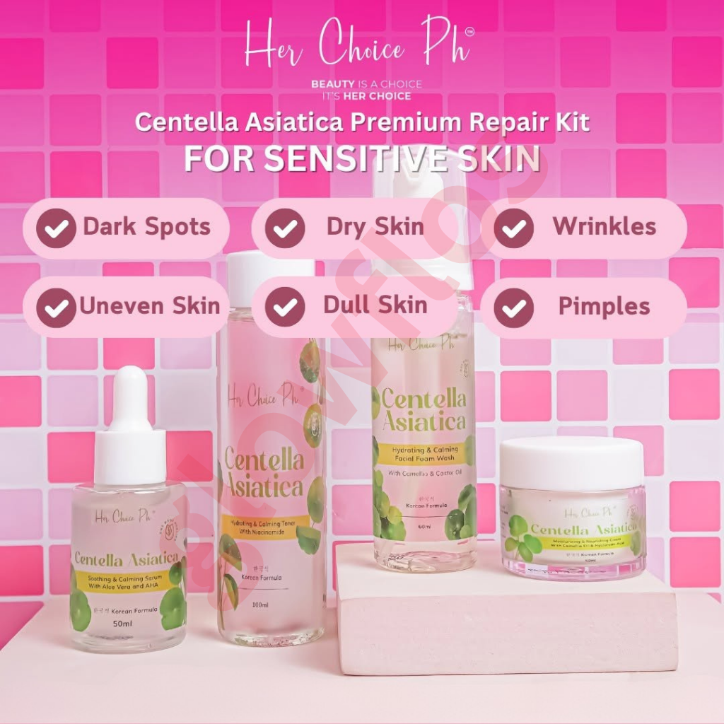 Her Choice PH Cica set items including facial foam wash toner serum and moisturizing cream
