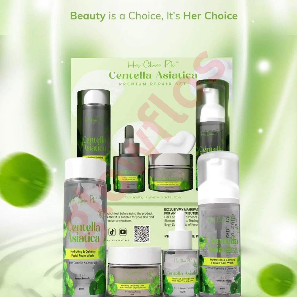 Her Choice PH Cica set items including facial foam wash toner serum and moisturizing cream