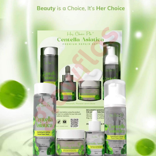 Her Choice PH Cica set items including facial foam wash toner serum and moisturizing cream