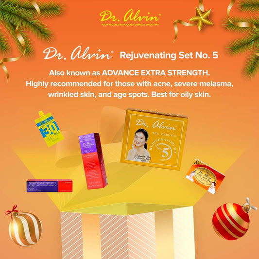 Authentic Dr Alvin Rejuvenating Set No 5 Advanced 4-in-1 Skincare Kit with Kojic Soap Toner Night Cream and Sunscreen SPF 30 for Severe Acne Melasma Dark Spots and Skin Peeling