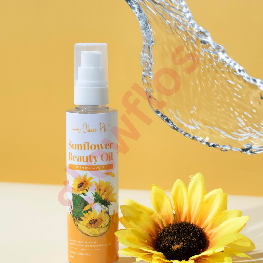 Her Choice Ph Sunflower Oil benefits list highlighting skin whitening stretch mark fading and hair smoothing