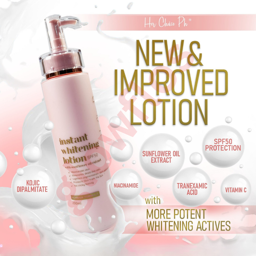 Her Choice PH instant whitening lotion texture being blended on skin showing immediate bright tone-up effect