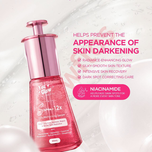 Lightweight clear fluid texture of You Glow Babe 12x skin perfecting serum being applied to face