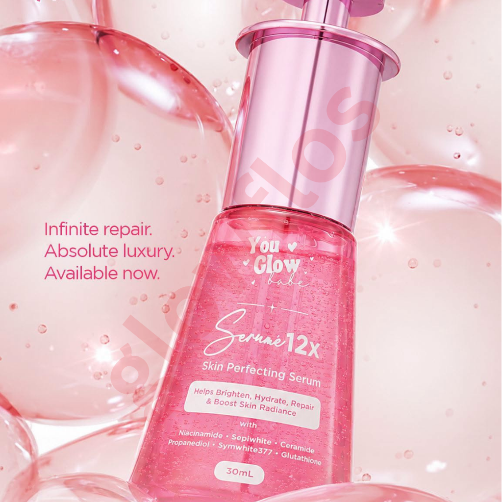 Lightweight clear fluid texture of You Glow Babe 12x skin perfecting serum being applied to face
