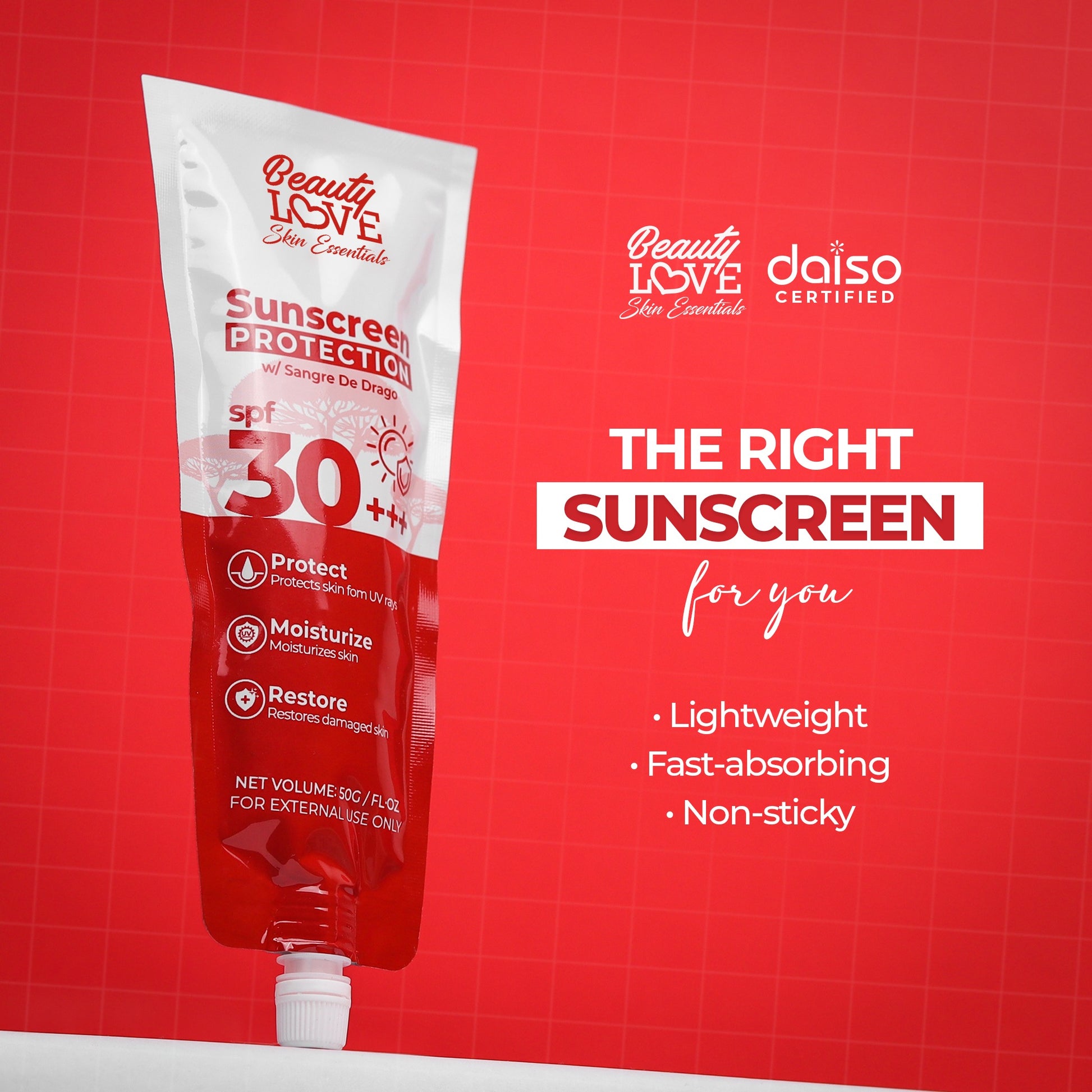 A close-up of the lightweight, non-greasy texture of Beauty Love Sunscreen Protection cream on skin.