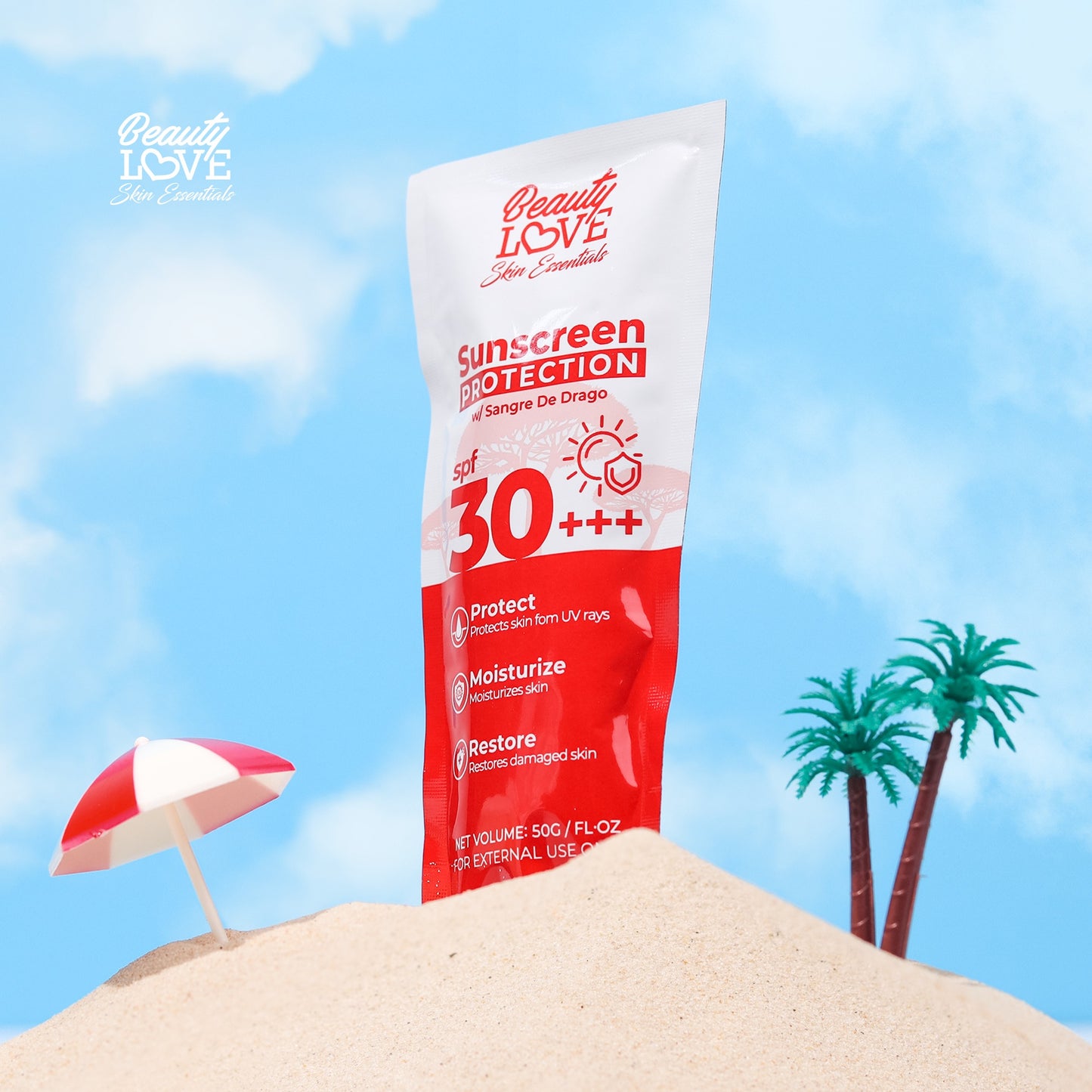 A close-up of the lightweight, non-greasy texture of Beauty Love Sunscreen Protection cream on skin.