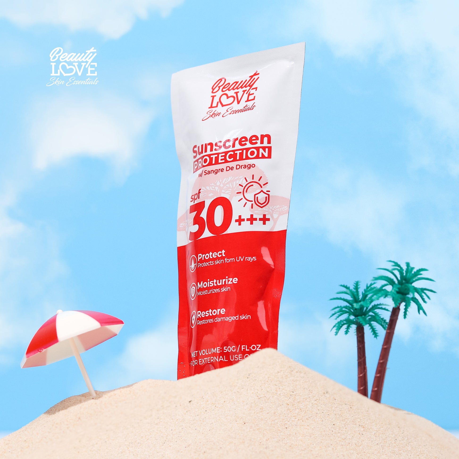A close-up of the lightweight, non-greasy texture of Beauty Love Sunscreen Protection cream on skin.
