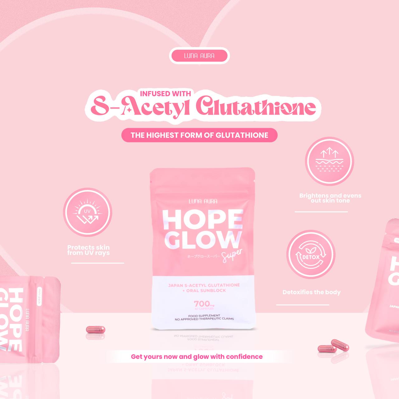 Luna Aura HOPE GLOW Super Capsule dietary supplement for radiant, glowing, and healthy skin
