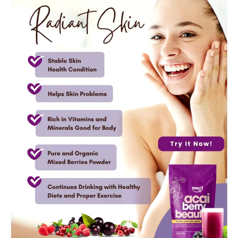 “Acai Berry Beauty detox drink powder for weight loss, skin glow, whitening, and slimming supplement.”
