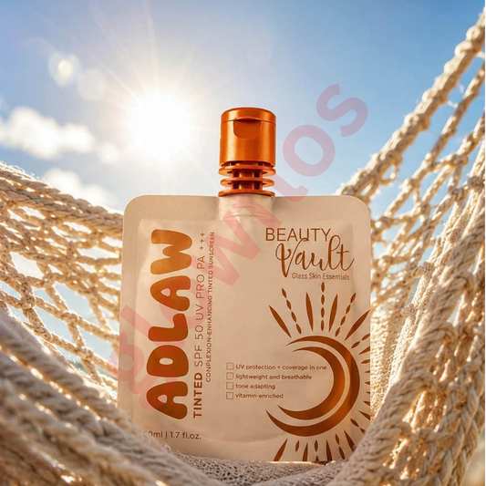 Beauty Vault Glass Skin Essentials ADLAW Tinted SPF 50 UV Pro PA+++ 50ml 1.7 fl oz pouch container with gold cap
