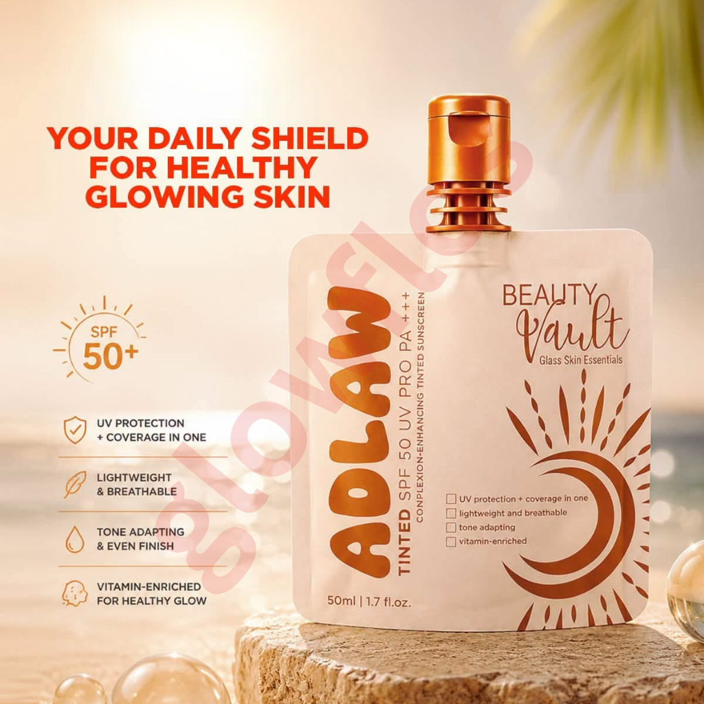 Beauty Vault Glass Skin Essentials ADLAW Tinted SPF 50 UV Pro PA+++ 50ml 1.7 fl oz pouch container with gold cap
