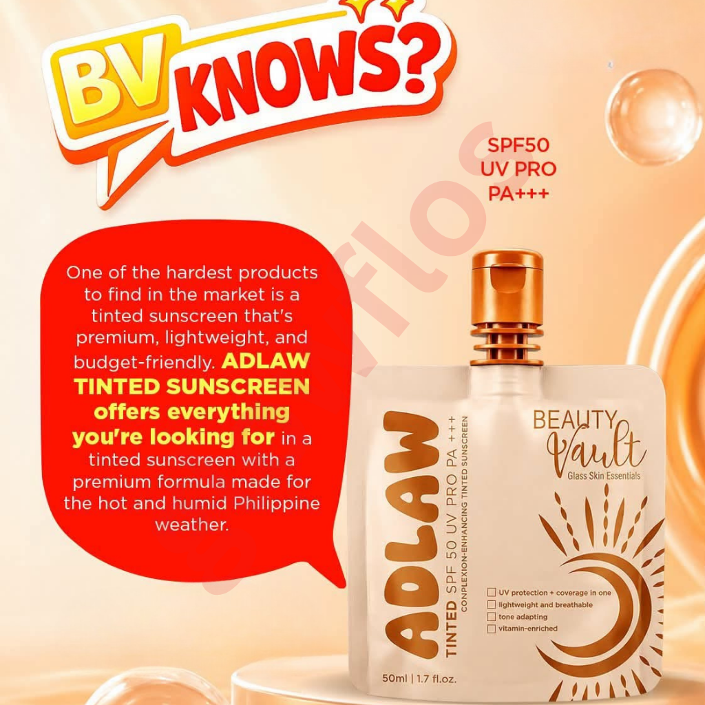 Beauty Vault Glass Skin Essentials ADLAW Tinted SPF 50 UV Pro PA+++ 50ml 1.7 fl oz pouch container with gold cap