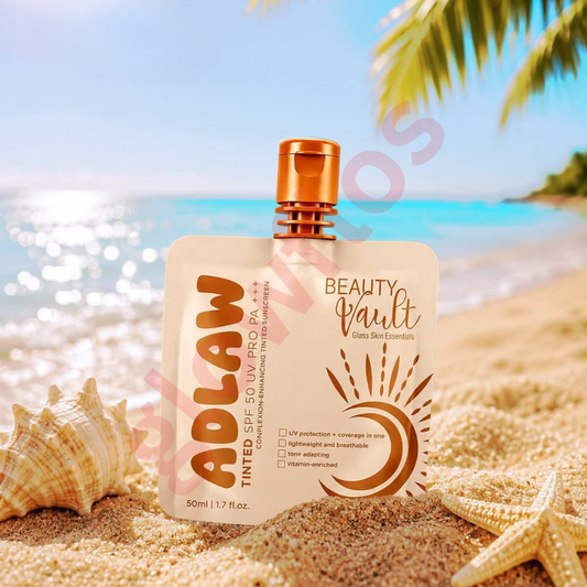 Beauty Vault Glass Skin Essentials ADLAW Tinted SPF 50 UV Pro PA+++ 50ml 1.7 fl oz pouch container with gold cap