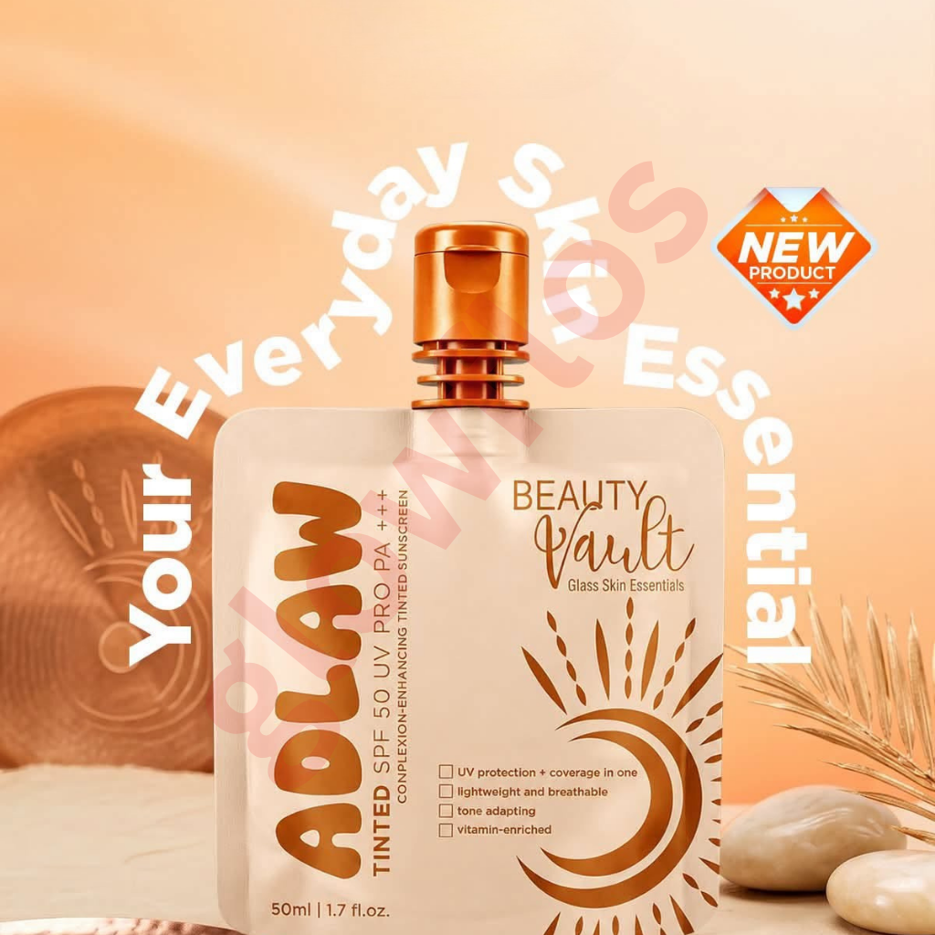 Beauty Vault Glass Skin Essentials ADLAW Tinted SPF 50 UV Pro PA+++ 50ml 1.7 fl oz pouch container with gold cap