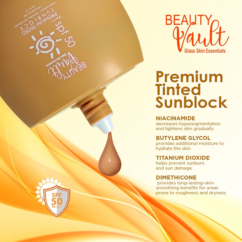 Authentic Beauty Vault Premium Tinted Sunblock SPF 45 Broad Spectrum Facial Sunscreen with Universal Skin Blurring Tint and Oil Control for Zero White Cast Flawless Sheer Coverage and Glass Skin