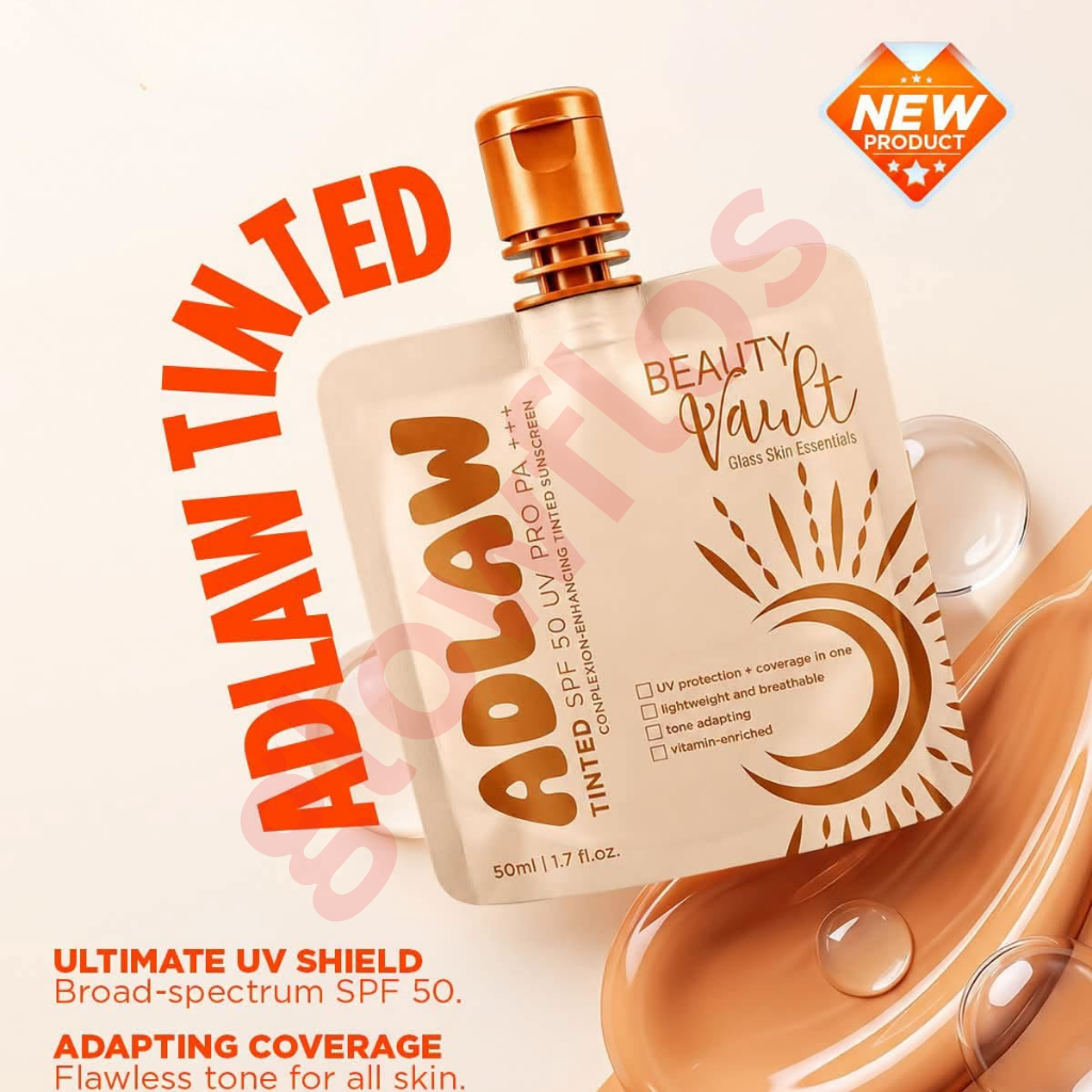 Beauty Vault Glass Skin Essentials ADLAW Tinted SPF 50 UV Pro PA+++ 50ml 1.7 fl oz pouch container with gold cap
