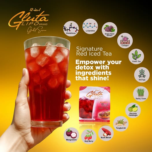 “Gluta Lipo Red Iced Tea premium refreshing iced tea powder drink in red berry flavor.”