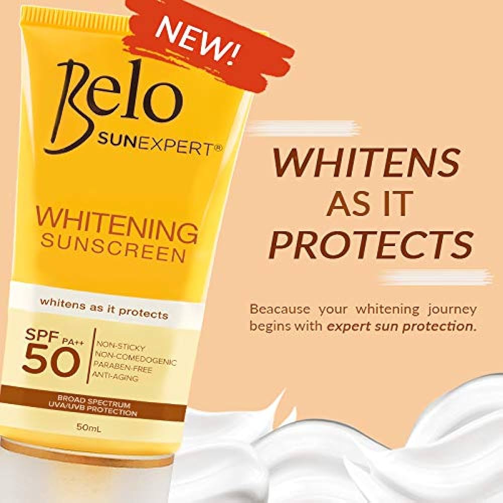 Belo SunExpert Whitening Sunscreen SPF 50 yellow tube for maximum UV protection and dark spot fading