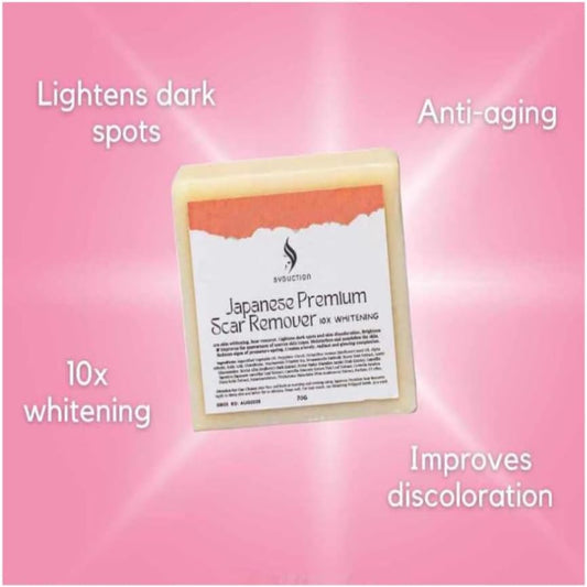 Japanese Premium 10x Whitening Soap bar and packaging for scar removal and skin brightening