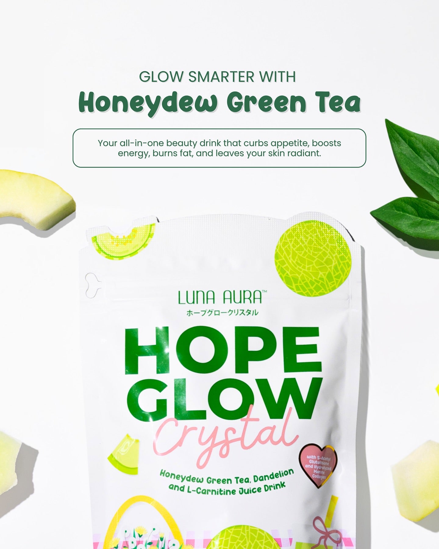 Hope Glow Crystal Honeydew Green Tea refreshing green tea drink with sweet honeydew flavor